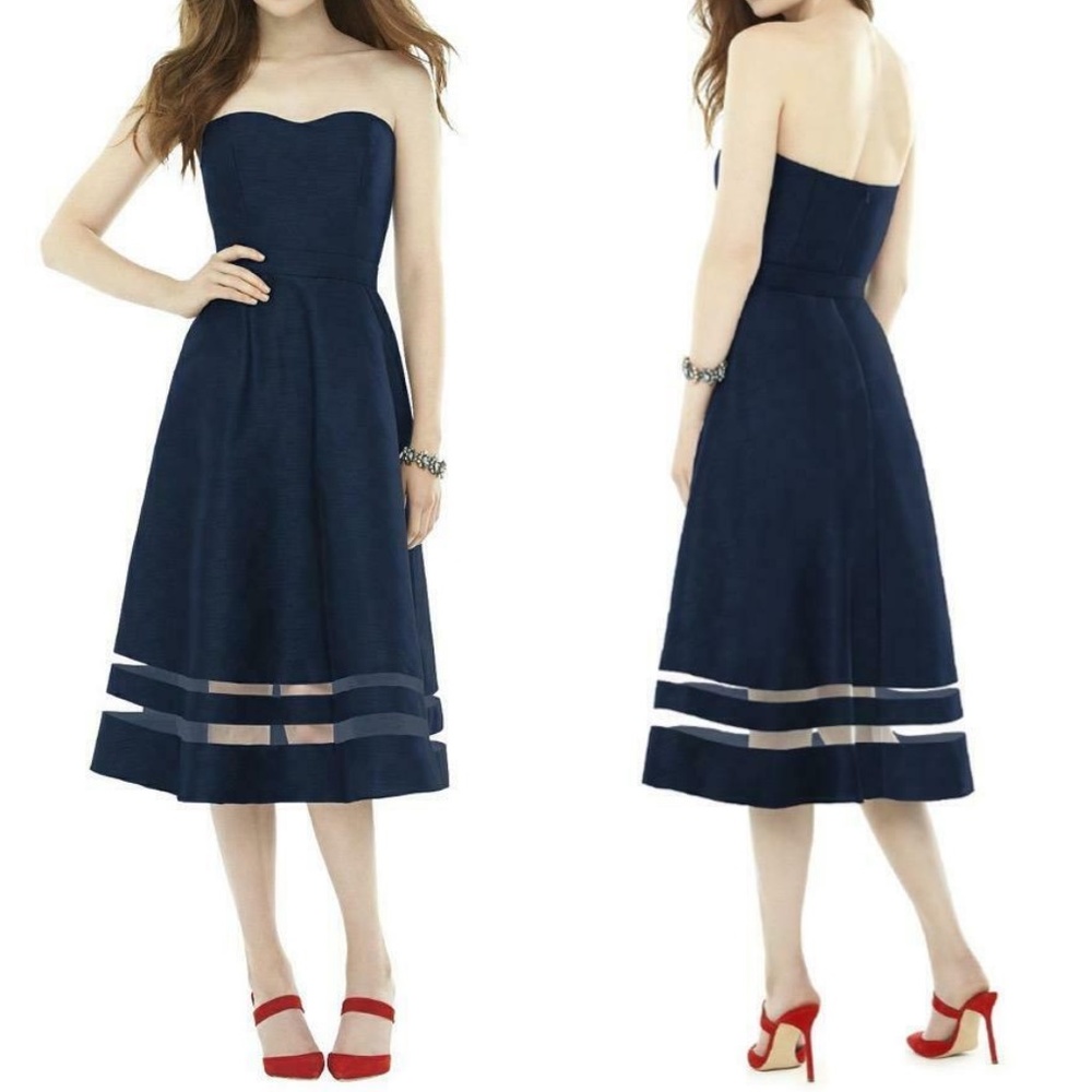 D712 NEW Alfred Sung MIDNIGHT Blue DUPIONI Strapless BRIDESMAID Midi DRESS 8
